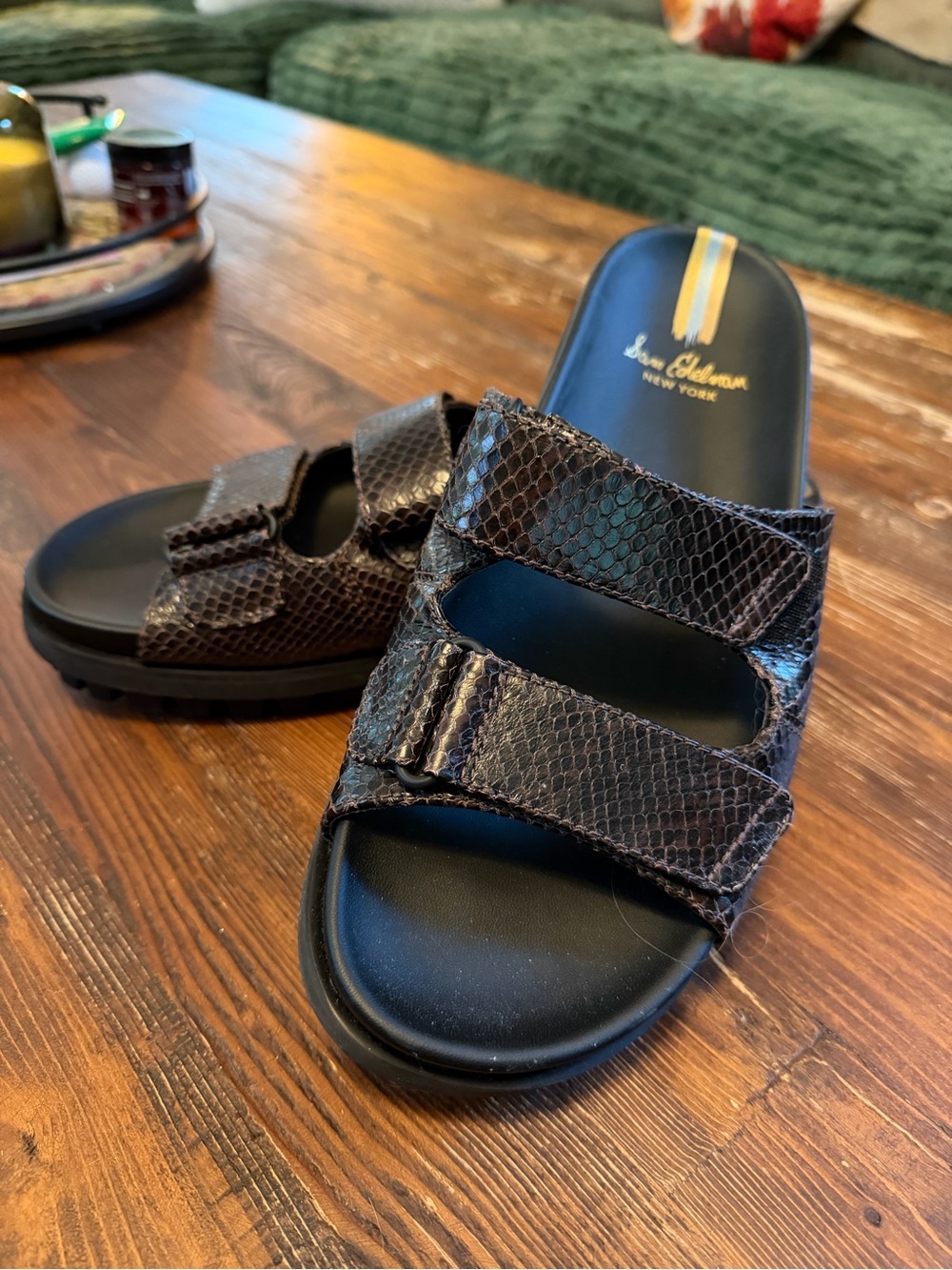 Sam Edelman Brown Snake-Print Double Strap Slide Sandals
